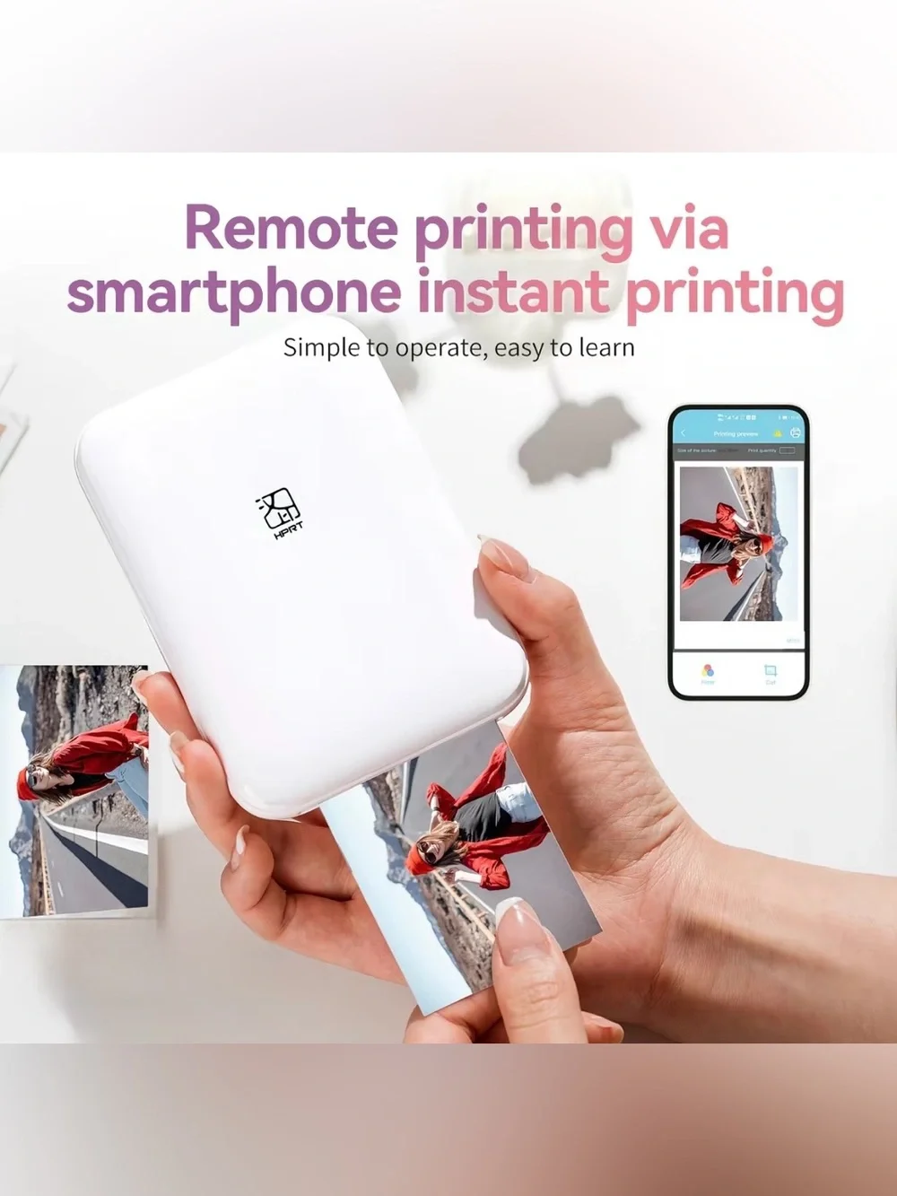 Portable White Photo Printer with 50 Sheets Photo Paper